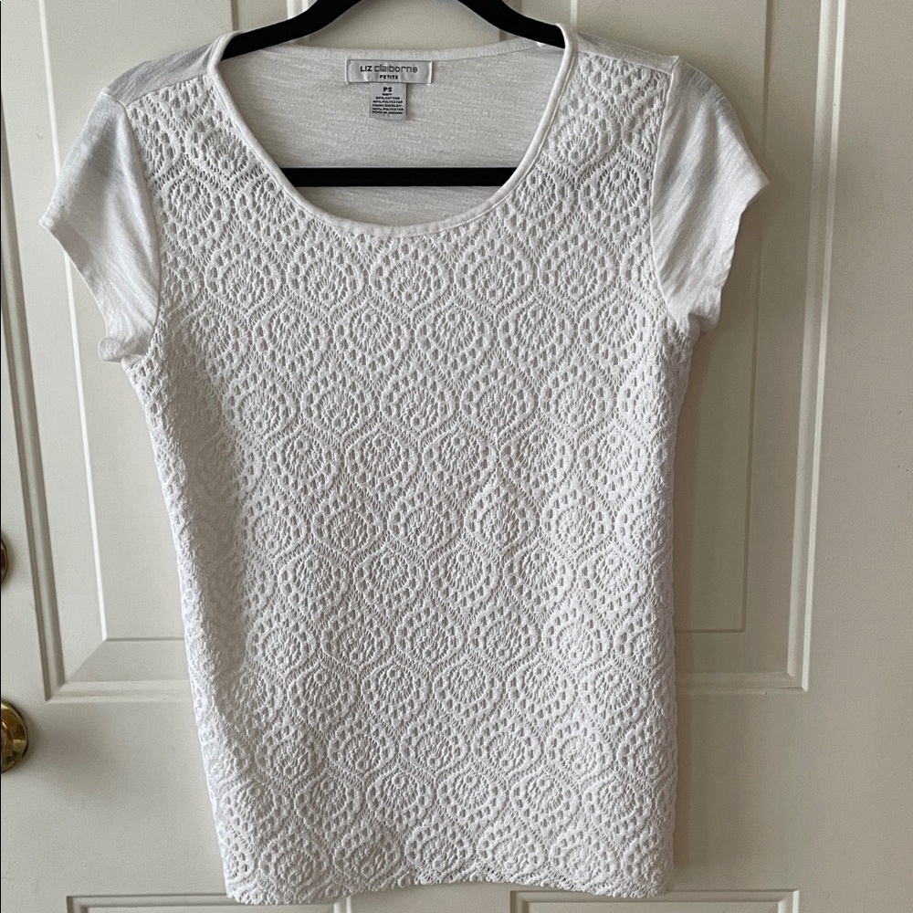 Liz Claiborne White Crochet-Front Short Sleeve Tee